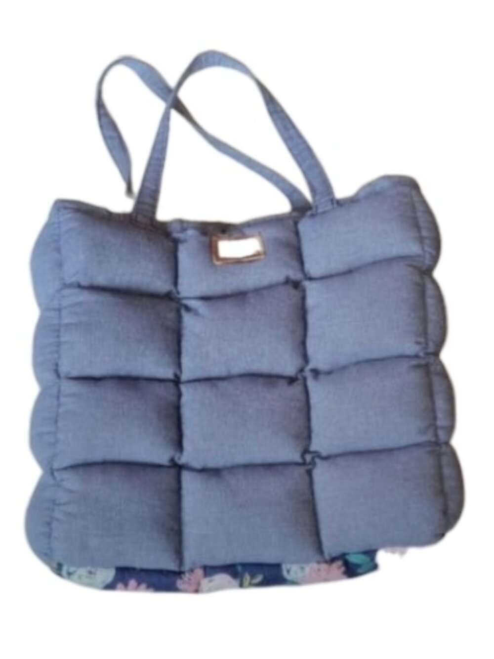 Quilted Puffer Tote Bag w Floral Quilted Interior Denim Blue Cottagecore Neutral